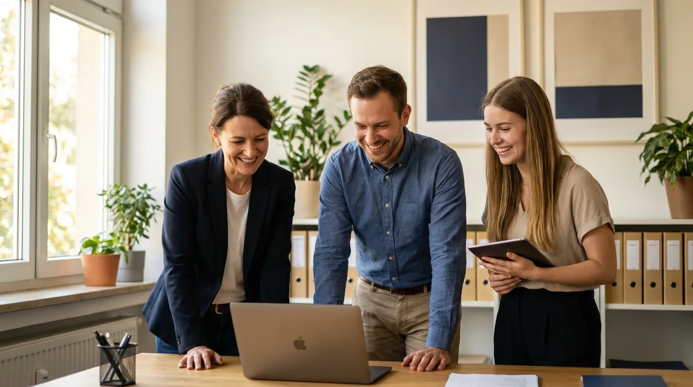 Drei Kolleginnen und Kollegen in einem hellen Büro schauen entspannt gemeinsam auf einen Laptop