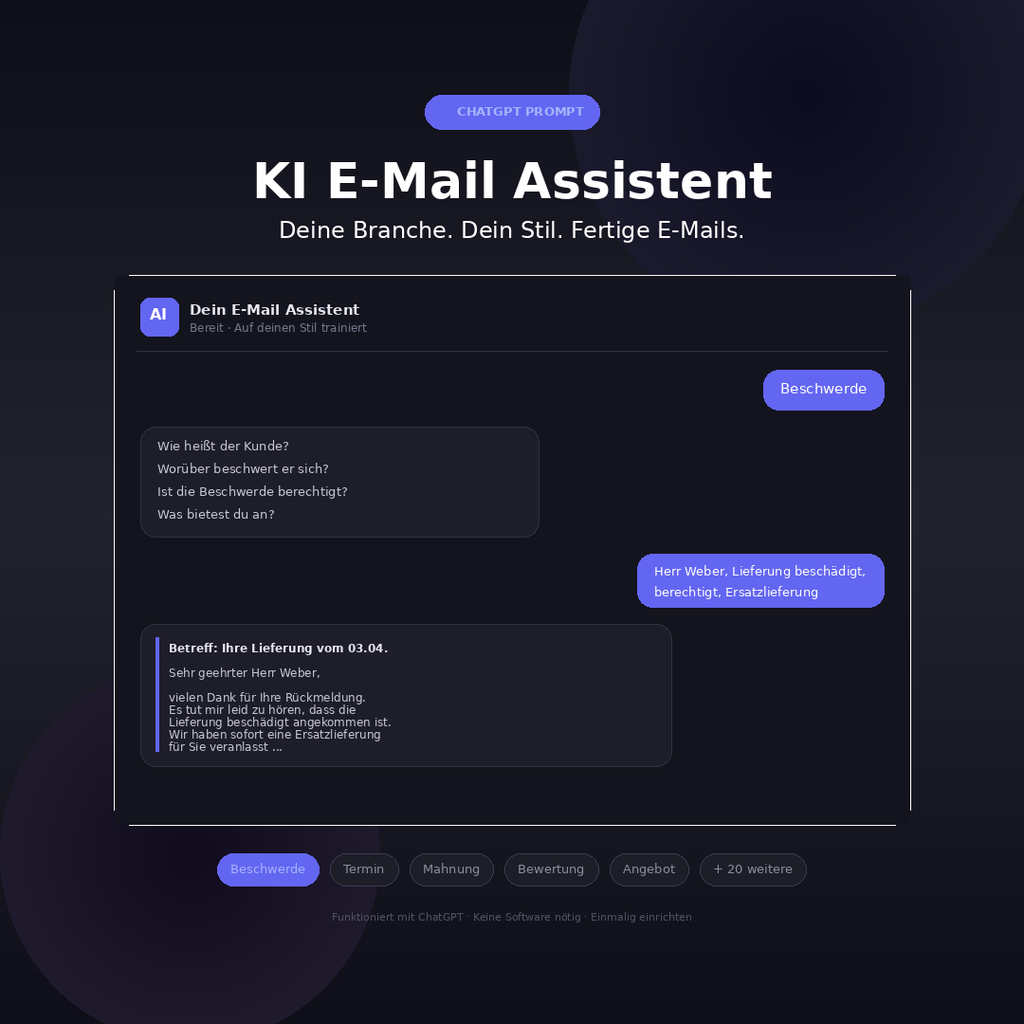 E-Mails in Sekunden. Professionell. Mit KI.